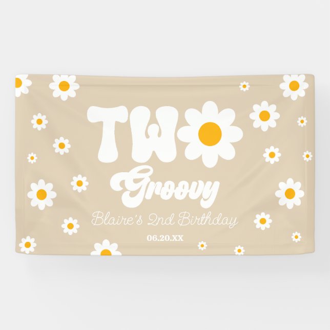 Retro Daisy Flower Two Groovy 2nd Birthday Party Banner (Horizontal)