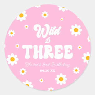 Retro Daisy Flower Wild & Three 3rd Birthday Party Classic Round Sticker