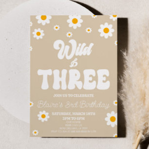 Retro Daisy Flower Wild & Three 3rd Birthday Party Invitation