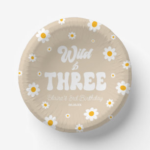 Retro Daisy Flower Wild & Three 3rd Birthday Party Paper Plate