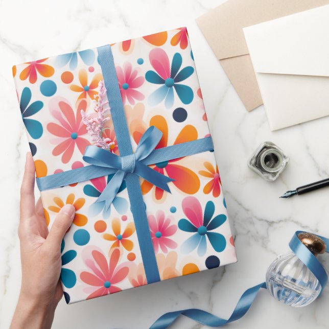 Retro Daisy Flowers Colourful 60s Style Pattern Wrapping Paper (Gifting)