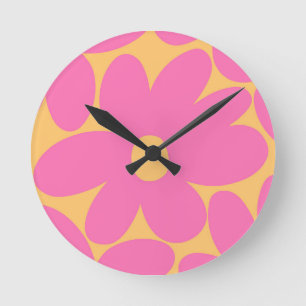 Retro Daisy Flowers in Pink Pale Marigold #1 #art Round Clock