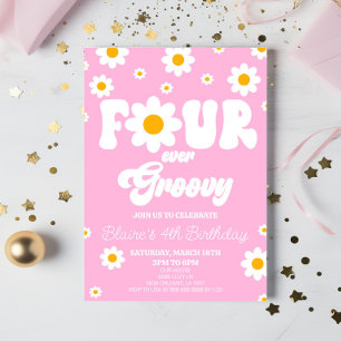 Retro Daisy Four Ever Groovy 4th Birthday Party Invitation