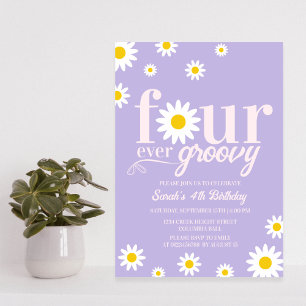 Retro Daisy Four Ever Groovy Purple 4th Birthday Invitation