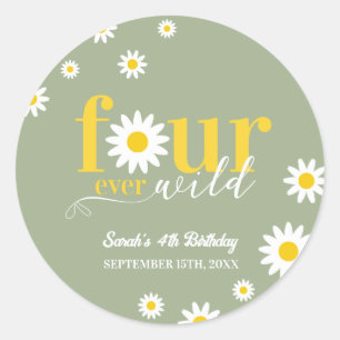 Retro Daisy Four Ever Wild Sage Green 4th Birthday Classic Round Sticker