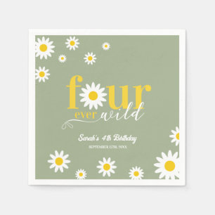 Retro Daisy Four Ever Wild Sage Green 4th Birthday Napkin