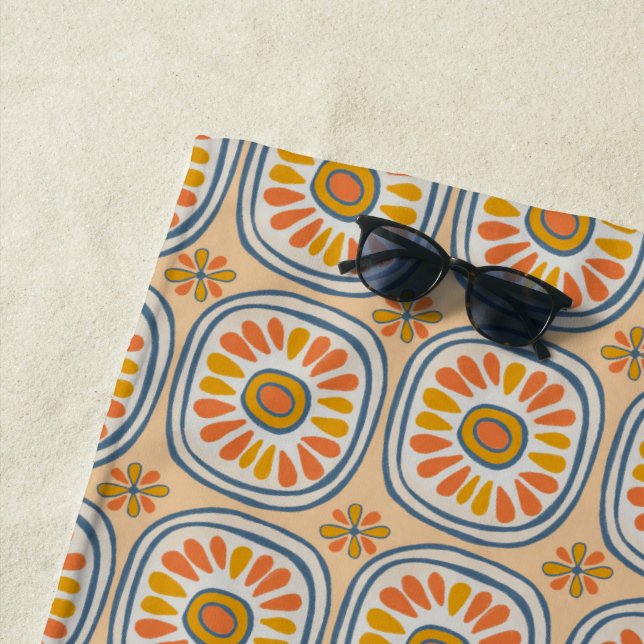 Retro Daisy Hand Drawn Tiles Pattern Blue Orange Beach Towel (In Situ)