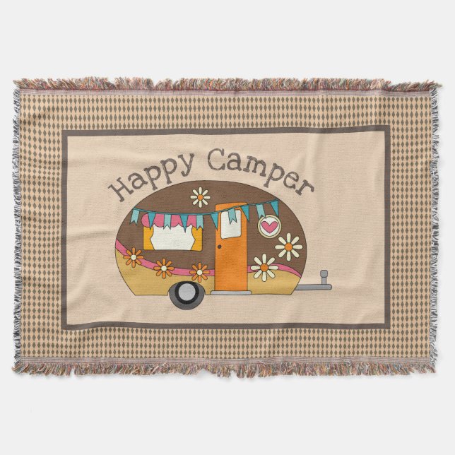 Retro Daisy Happy Camper Throw Blanket (Front)