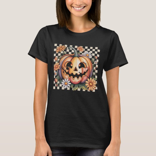Retro Daisy Jack O Lantern Pumpkin Halloween Check T-Shirt (Front)