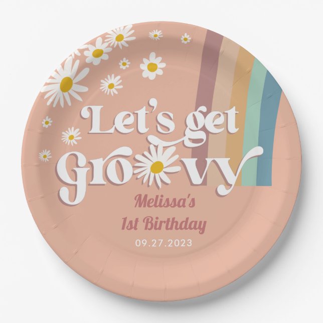 Retro Daisy Let's get Groovy Birthday Paper Plate (Front)