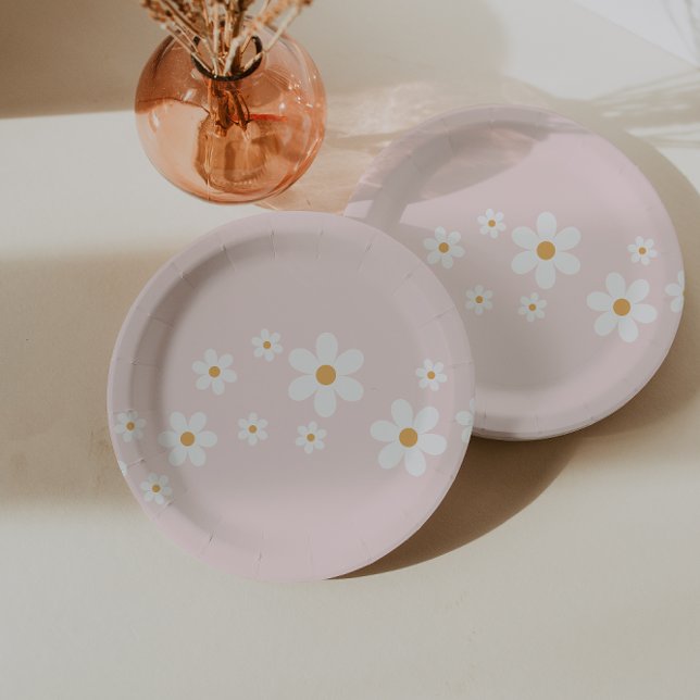 Retro Daisy Light Pink Floral Paper Plate (Creator Uploaded)