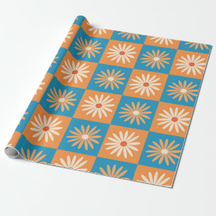 Retro Daisy on Blue and Orange Checkerboards Wrapping Paper