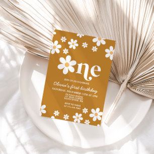 Retro Daisy One Floral 1st Birthday Invitation