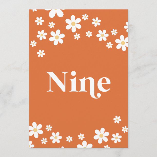 Retro daisy orange bridal shower table number Nine (Front)