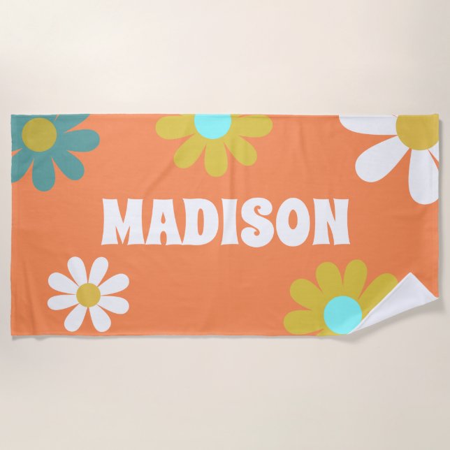 Retro Daisy Orange Teal White Yellow Personalised Beach Towel (Front)