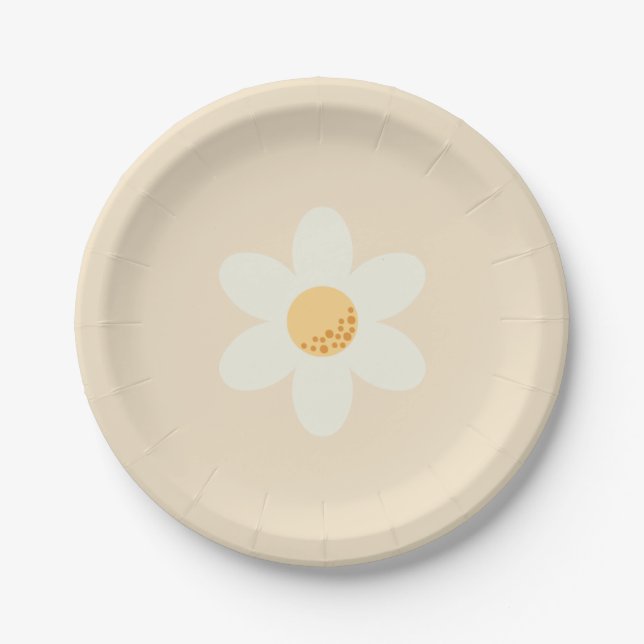 Retro Daisy Paper Plate | 7" Round Boho Floral Par (Front)