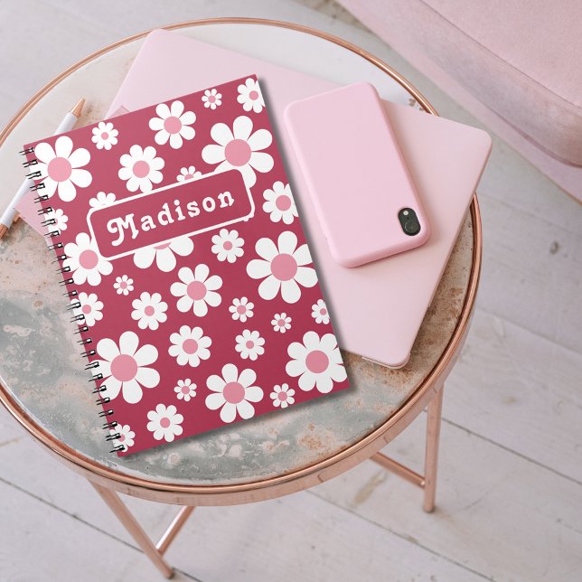 Retro Daisy Pattern add Name Notebook (Retro daisy pattern pink groovy typography custom name notebook for her)