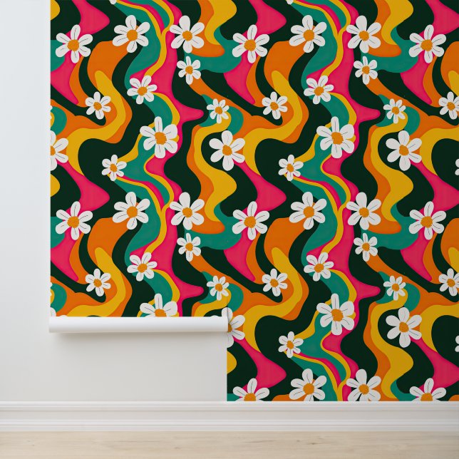 Retro Daisy Pattern Colourful 70s Hippie Wallpaper (Application)