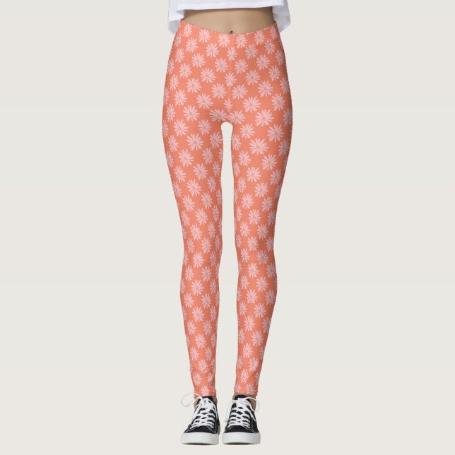Retro Daisy Pattern Coral Peach BOHO Chic Leggings (Front)