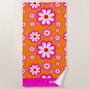 Retro Daisy Pattern Pink& Orange 70s Floral Name Beach Towel