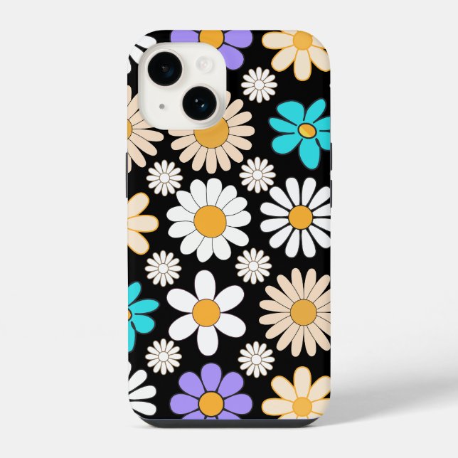 Retro Daisy Pattern Simple.01. Black BG iPhone Case (Back)