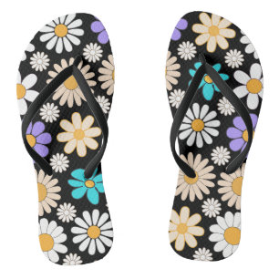 Retro Daisy Pattern Simple.01. Black BG Jandals