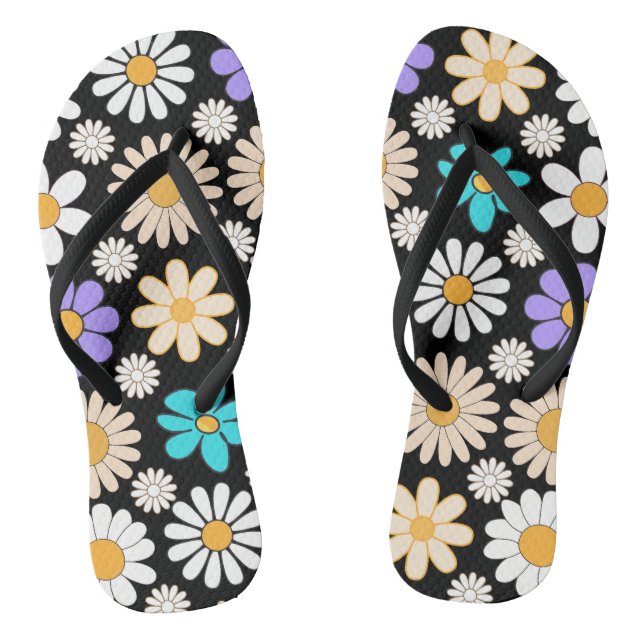 Retro Daisy Pattern Simple.01. Black BG Jandals (Footbed)