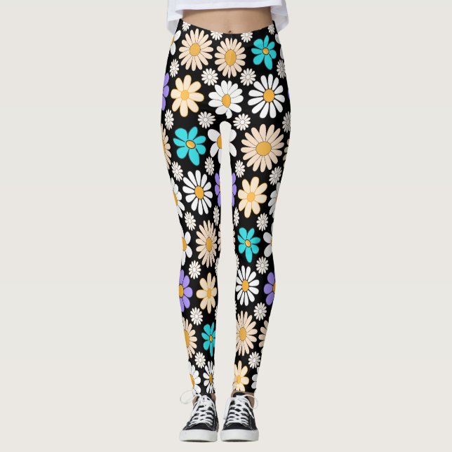Retro Daisy Pattern Simple.01. Black BG Leggings (Front)