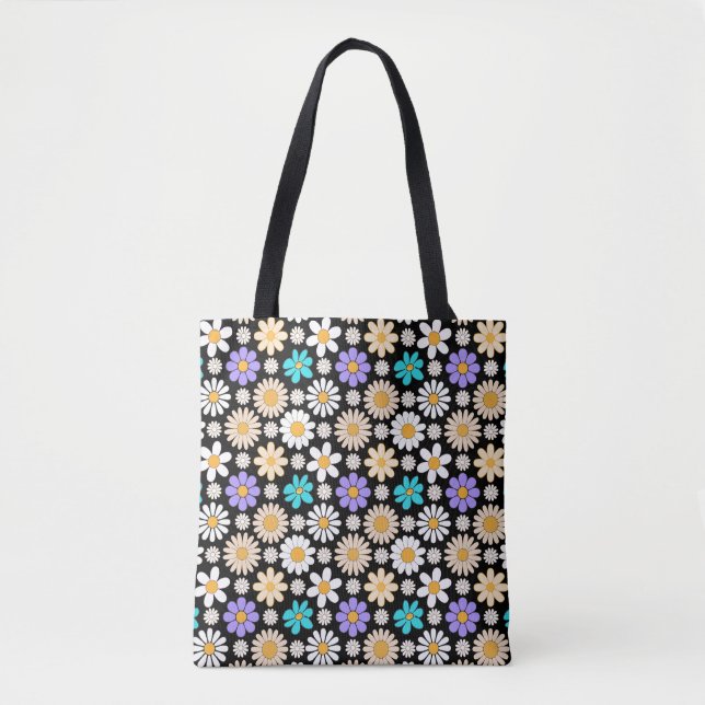 Retro Daisy Pattern Simple.01. Black BG Tote Bag (Front)