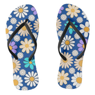 Retro Daisy Pattern Simple.01. Blue BG Jandals