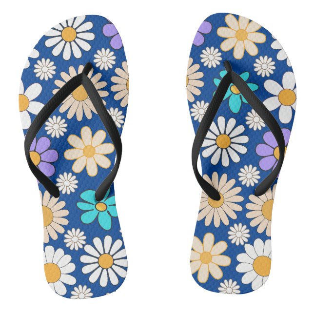 Retro Daisy Pattern Simple.01. Blue BG Jandals (Footbed)