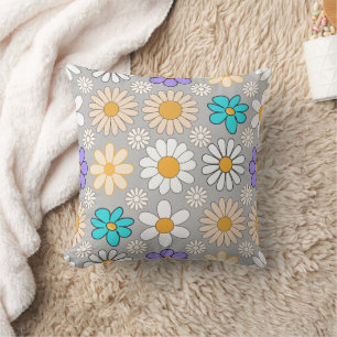Retro Daisy Pattern Simple.01. Grey BG Cushion