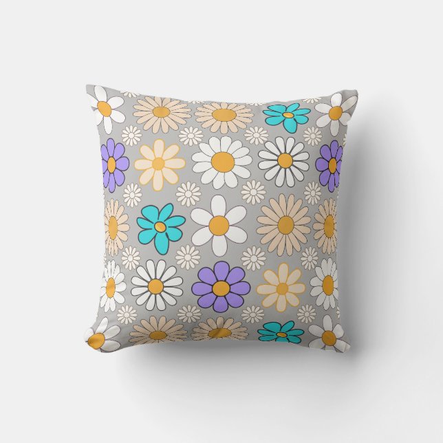 Retro Daisy Pattern Simple.01. Grey BG Lumbar Cushion (Front)