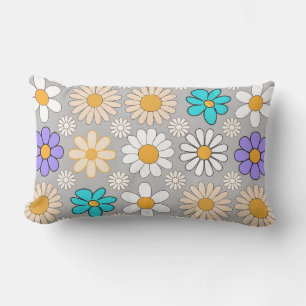 Retro Daisy Pattern Simple.01. Grey BG Lumbar Cushion