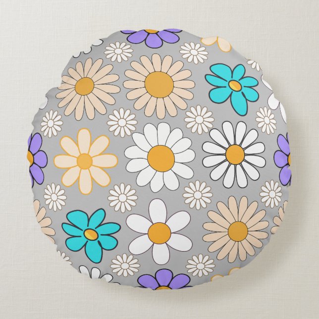 Retro Daisy Pattern Simple.01. Grey BG Round Cushion (Front)