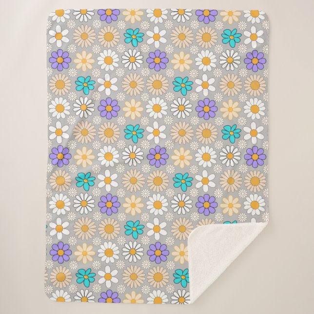 Retro Daisy Pattern Simple.01. Grey BG Sherpa Blanket (Front)