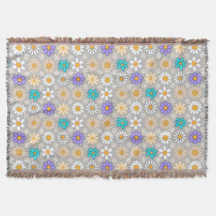 Retro Daisy Pattern Simple.01. Grey BG Throw Blanket