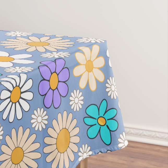 Retro Daisy Pattern Simple.01. L Blue BG Tablecloth (In Situ)