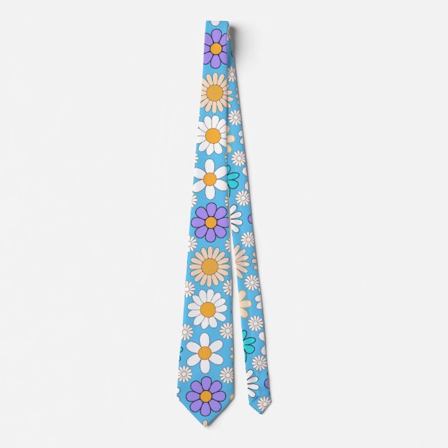 Retro Daisy Pattern Simple.01. L Blue BG Tie (Front)