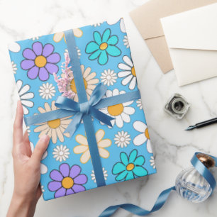 Retro Daisy Pattern Simple.01. L Blue BG Wrapping Paper