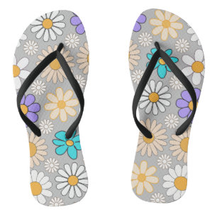 Retro Daisy Pattern Simple.01. L Grey BG Jandals