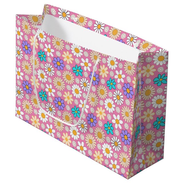 Retro Daisy Pattern Simple.01. Pink BG Large Gift Bag (Front Angled)