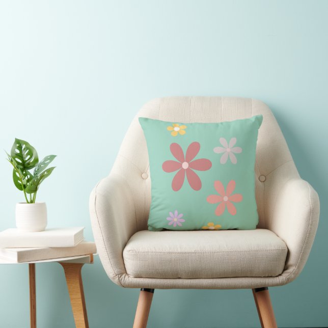 Retro Daisy Pattern Teal Green Background Cushion (Chair)