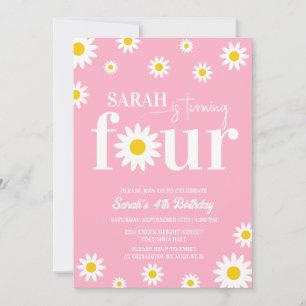Retro Daisy Pink and White 4th Birthday Invitation