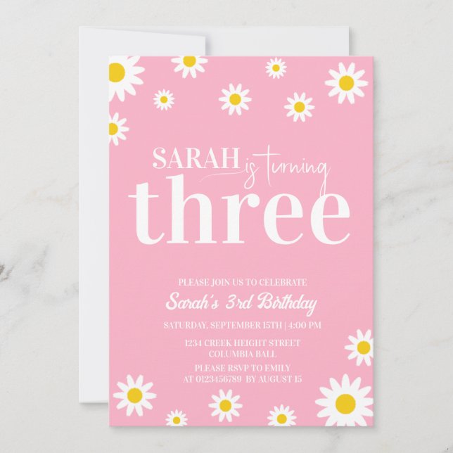 Retro Daisy Pink and White Minimal 3rd Birthday  Invitation (Front)