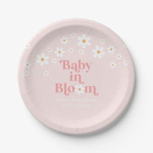 Retro Daisy Pink boho Baby in Bloom Baby Shower Paper Plate