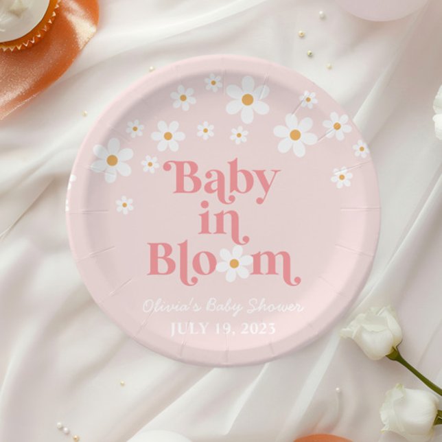 Retro Daisy Pink boho Baby in Bloom Baby Shower Paper Plate (Creator Uploaded)