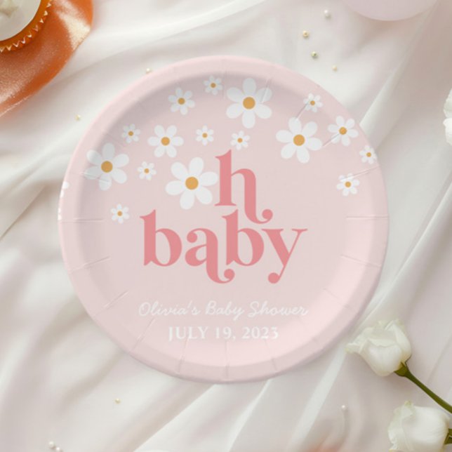 Retro Daisy Pink boho Baby Shower Paper Plate (Creator Uploaded)