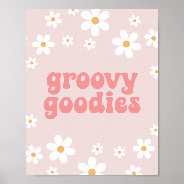 Retro Daisy Pink boho Groovy Goodies Party Sign (Front)