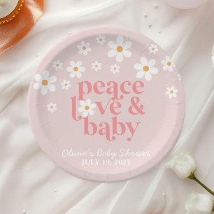 Retro Daisy Pink boho Peace Love Baby Shower Paper Plate
